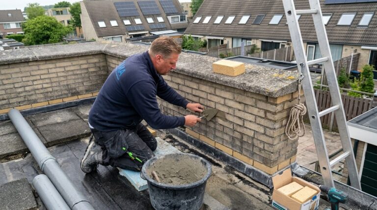 Vakman van Dama Schoorsteen- en Geveltechniek repareert metselwerk op een dak in een woonwijk