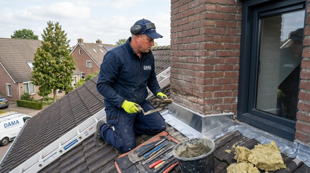 Vakman van Dama Schoorsteen- en Geveltechniek repareert loodwerk en metselwerk rond een schoorsteen op een dak